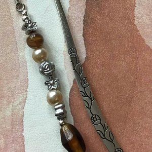 Tibetan Metal Bookmark Flower Engraved‎ Moonstone, Pearl, Amber Beads